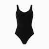 Women's black organic cotton low back tank leotard on a white background