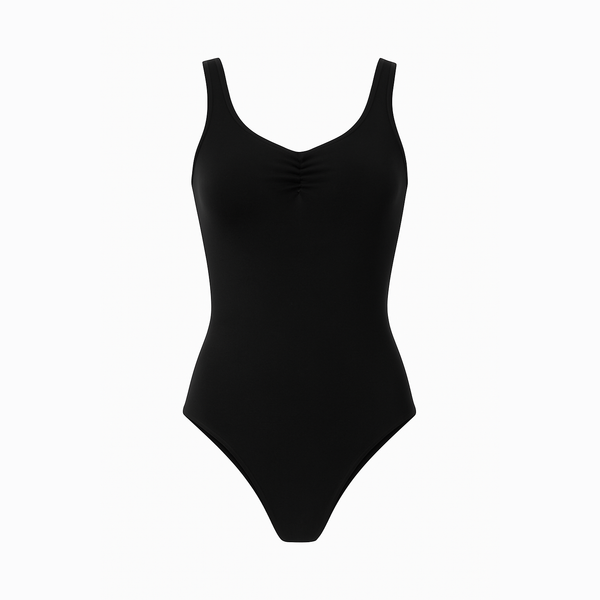 Women's black organic cotton low back tank leotard on a white background